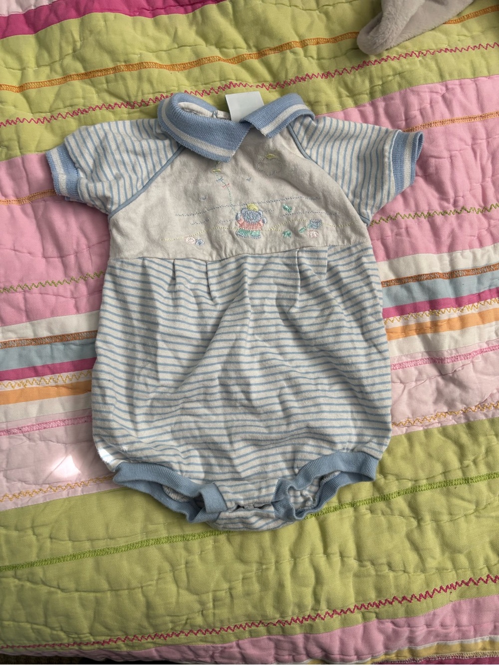 Vintage Blue and White Striped Baby Romper with Embroidery